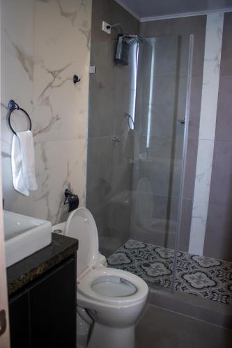 新洛哈Hotel Amazonas Suite , suite lujosa的带淋浴、卫生间和盥洗盆的浴室