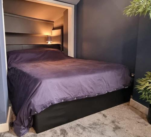 布莱顿霍夫Naughty Shades of Brighton的卧室内的一张床位,配有紫色棉被