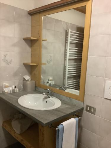 福尔马扎B&B Monte Giove Formazza的一间带水槽和镜子的浴室