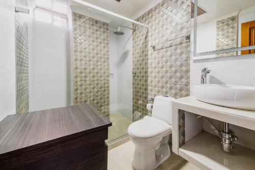 巴兰基亚Villa Santos Apartaestudios的浴室配有卫生间、盥洗盆和淋浴。