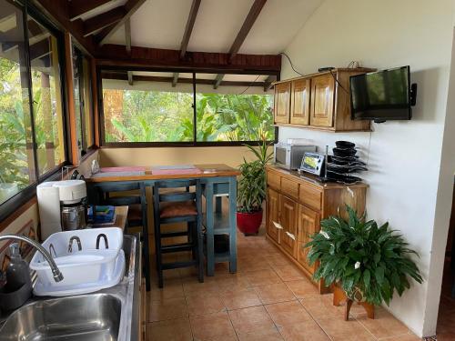 Río CuartoEquipped cottage in Laguna Hule的厨房配有水槽和带电视的柜台。