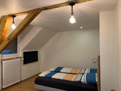 Couvet科维市中心舒适一室公寓的卧室配有一张床,墙上配有电视。