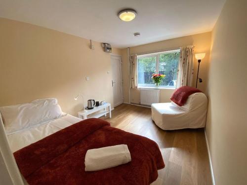 贝塞斯达Snowdonia Mountain Lodge的卧室配有床、椅子和窗户。