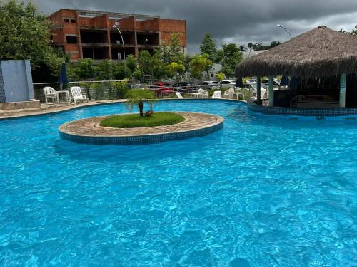 皮拉伊河畔巴拉Aldeia das Águas Park Resort - Quartier - Flat B102的中间有一个棕榈树的大型游泳池