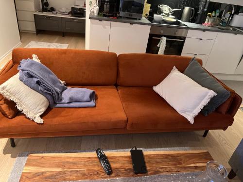 达累斯萨拉姆Morris Multi的厨房里配有带枕头的棕色沙发
