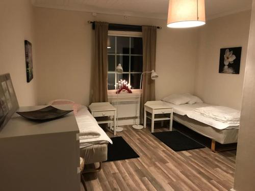 奥勒8 bed house in Vik, Åre的小房间设有两张床和窗户
