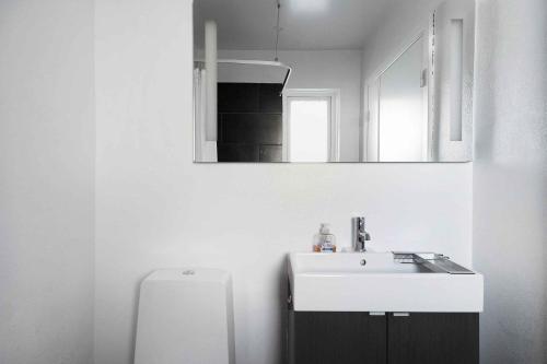 斯瓦讷克Summer Holiday Apt, No, 2 At Beautiful Solgaarden的白色的浴室设有水槽和镜子