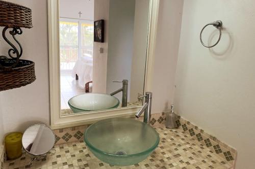 CalibishieLaCaye - Home in Creole的浴室在镜子前设有玻璃碗水槽