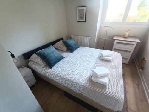 利雪La belle vue的小卧室配有带蓝色枕头的床