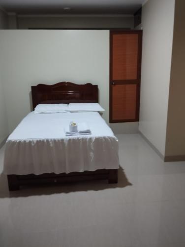 哈恩Hotel Amazon deluxe的一间卧室配有一张床和一扇木门