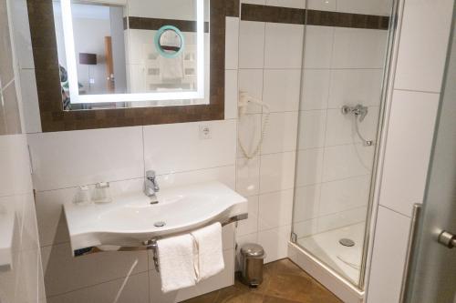 慕尼黑丹尼尔酒店的一间带水槽和淋浴的浴室
