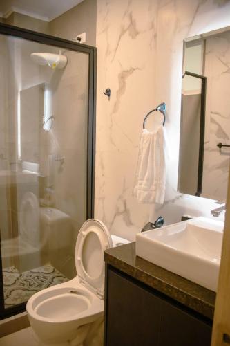 新洛哈Hotel Amazonas Suite, Habitación con literas的浴室配有卫生间、盥洗盆和淋浴。