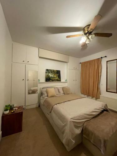 伦敦COZY ROOMS 25 min LIVERPOOL STREET的一间卧室配有一张床和吊扇