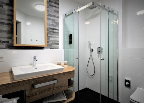 FunfseenPrivat & Boutique Hotel Plauer See的一间带水槽和玻璃淋浴的浴室