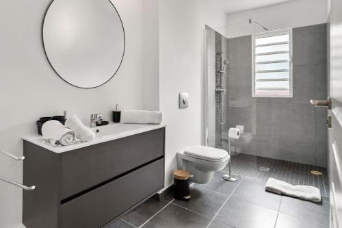 Cul de SacLe Cosmopolitain_ Appart 4/5p terrasse piscine的一间带水槽、卫生间和镜子的浴室
