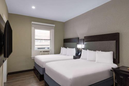 旧金山联合广场速8酒店的酒店客房设有两张床和窗户。
