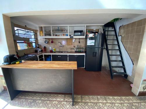 蒙得维的亚Hostel Bohemian House的带冰箱和梯子的厨房