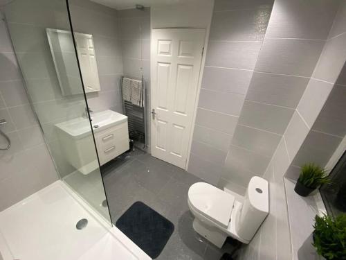 LemingtonBoss Breaks- Newcastle的白色的浴室设有卫生间和淋浴。