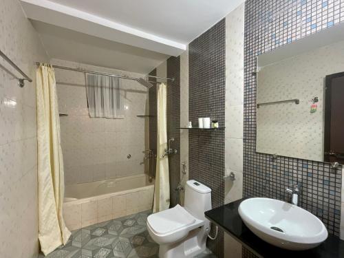 莫尔吉姆Nagas Hotel Satyavati Morjim的浴室配有卫生间、盥洗盆和淋浴。