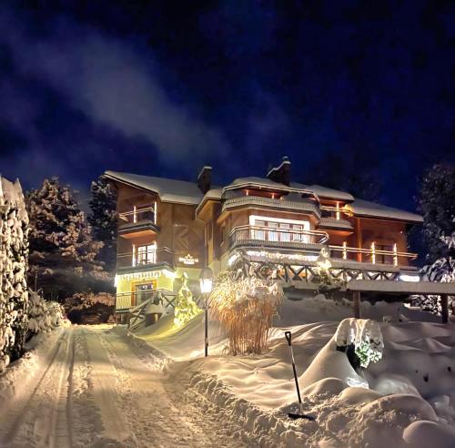 乌斯特龙Beskidzkie Tarasy的雪覆盖的房屋,晚上有灯