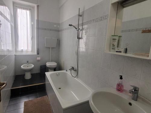 卡萨莱蒙费拉托Tra Milano, Torino e Genova的带浴缸、盥洗盆和卫生间的浴室