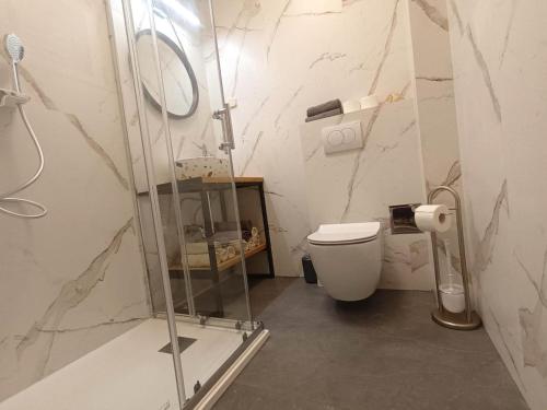 波尔劳拉别墅公寓酒店的一间带玻璃淋浴和卫生间的浴室