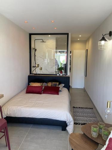 阿格德角Cap d'Agde Naturiste Port Nature 2的一间卧室配有一张带红色枕头的大床