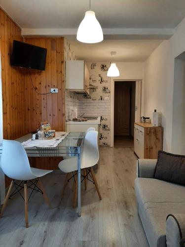 博萨迪法萨Appartamento Casa Montagna Lory的厨房以及带桌椅的起居室。