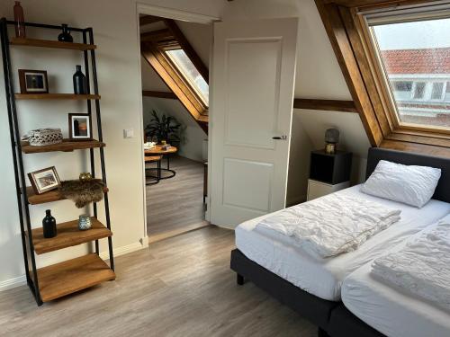 韦斯特卡佩勒Ruim appartement met sauna, Zuidstraat 125 in Westkapelle的一间卧室设有一张床和一个书架