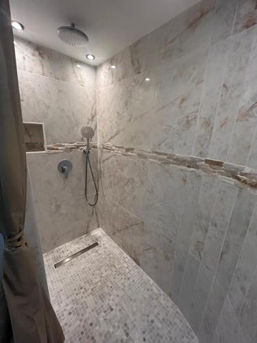 VaudherlandSpa Jacuzzi Moon White的带淋浴的浴室,铺有瓷砖地板。