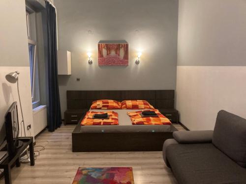 布达佩斯回力棒青年旅社的一间卧室配有一张床和一张沙发