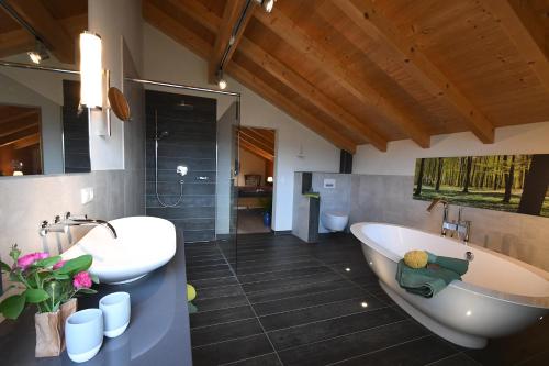 茨维泽尔Chalet Zauberberg的带浴缸、盥洗盆和卫生间的浴室
