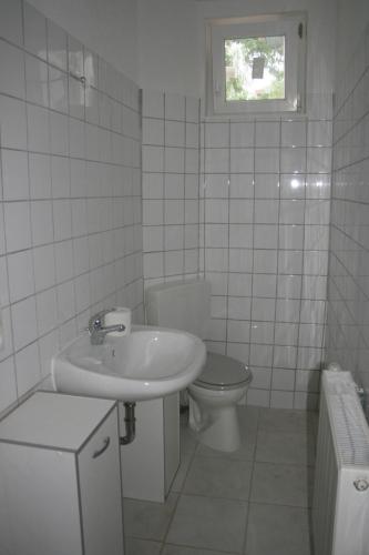 沃尔姆斯Appertment im Garten的白色的浴室设有水槽和卫生间。