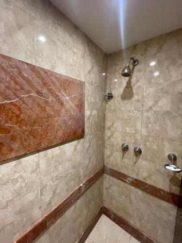 里约热内卢Apartamento Urca的带淋浴的浴室和玻璃门