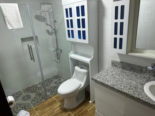 蒙特克里斯蒂省圣费尔南多Aparta Hotel Esa Buya的白色的浴室设有卫生间和淋浴。