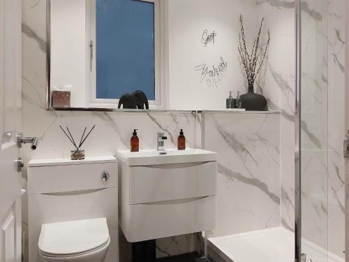拉纳克Castlegate的白色的浴室设有卫生间和水槽。