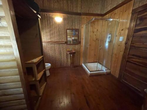 伊尼扬巴内Cheerful 3-bedroom holiday beach cabin.的带淋浴和卫生间的浴室