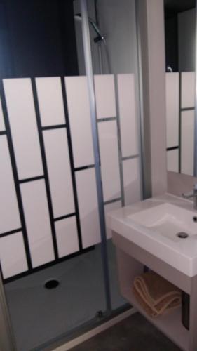 瑞卢维尔莱潘Cottage chalet gîte l'Edune résidence de vacances location的浴室配有白色水槽和淋浴。