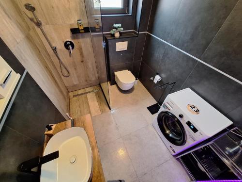 比奥格勒·纳·莫鲁Spacious modern apartment的享有带卫生间和淋浴的浴室的顶部景致。