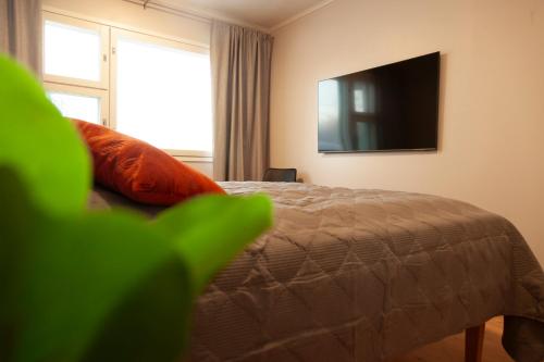 萨翁林纳Saimaan Kodikas A3的卧室配有一张床铺,墙上配有电视