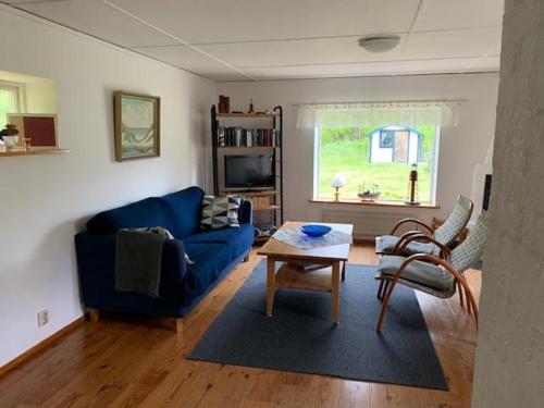 LöderupSandhammaren ,skåne的客厅配有蓝色的沙发和桌子
