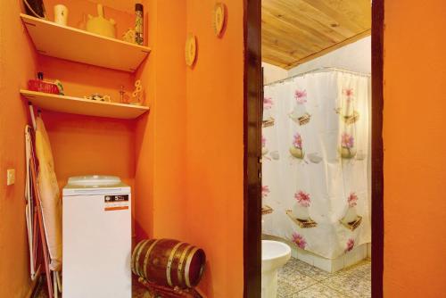 贝加德圣马特奥Casa Rural La Asomada的一间带卫生间和淋浴帘的浴室