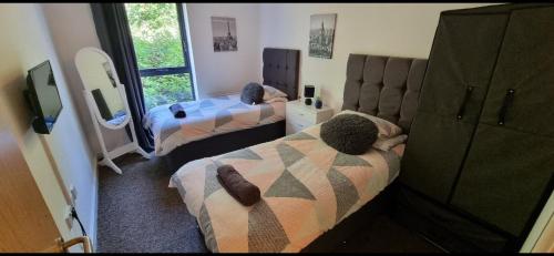 布伦特伍德Brentwood Town Retreat - Large 2 bedroom apartment的一间卧室配有两张床和镜子