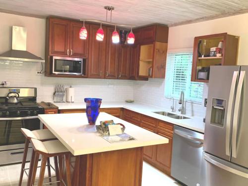 罗克桑德Suites Pineapple的一间带木制橱柜的厨房和一个带冰箱的厨房岛。