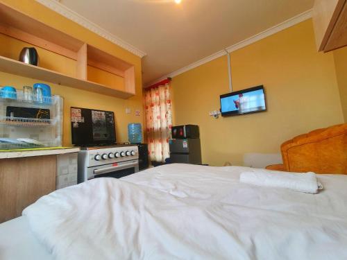 KikuyuThe Little Haven - Ample Parking, Views & Netflix的卧室配有一张床,墙上配有电视。