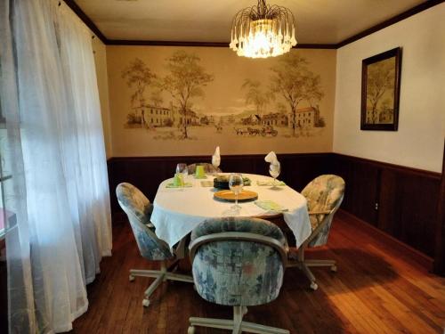 弗雷德里克Family Cozy House的一间带桌椅和吊灯的用餐室
