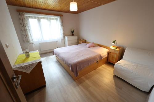 VírHrdá Ves - Dům U Slunce的一间小卧室,配有两张床和窗户