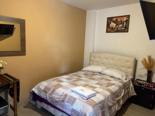 奥塔瓦洛Hostal Aly的小卧室配有一张带毯子的床