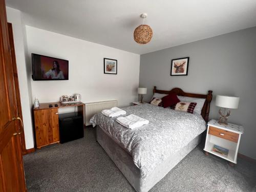 德拉姆纳德罗希特Rooms at Elmbank near Loch Ness的一间卧室配有一张床和一张桌子及水槽