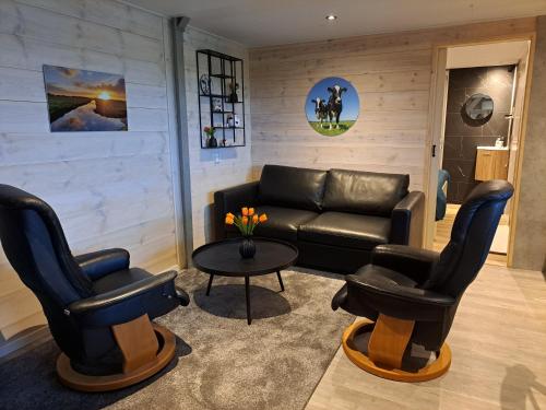 米德利Landelijk Tiny house in gemeente Edam/Volendam的客厅配有沙发、椅子和桌子